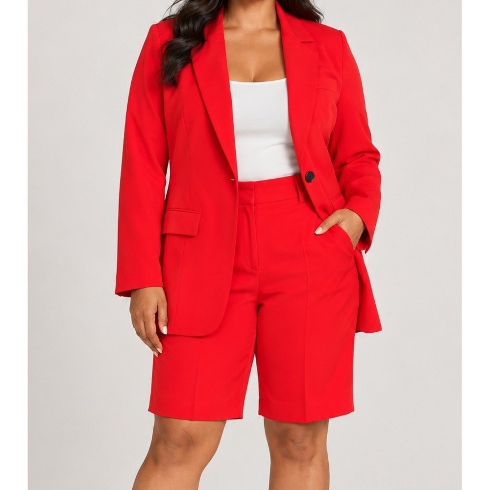 Fashion to Figure Blazer Bermuda Shorts Set Red Stretch Rayon Blend Bermuda 0X